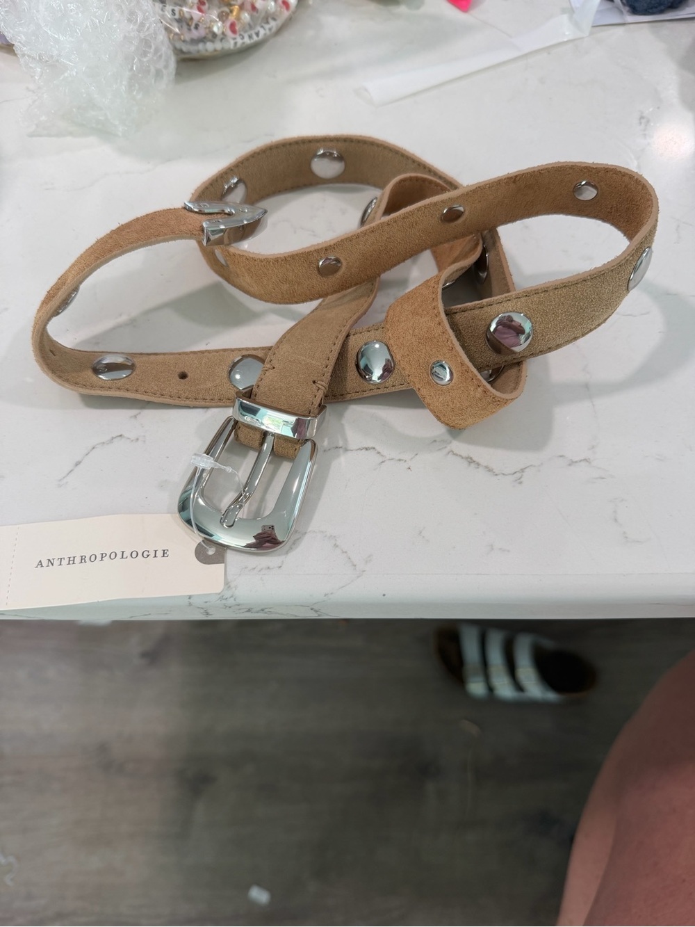 Free People Tan Suede Studded Belt with Silver Hardware